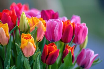 Obraz premium Colorful tulips in a vase on a table, Bouquet of vibrant tulips, Ai generated