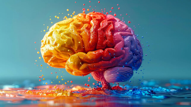 A colorful brain with a rainbow of hues, appearing wet and dripping with water droplets