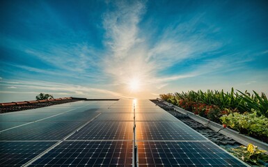 Solar panel on a roof and blue sky