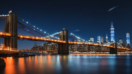 nighttime view of the Brooklyn Bridge in New York City, with the cityscape and the reflection of the lights in the water.