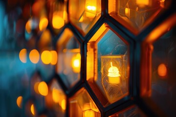 An array of colorful glass fragments adorning a wall, Brightly lit hexagon motif background, Ai generated