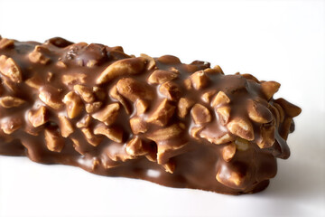 Fragment of chocolate wafer bar with caramel and peanuts isolated on white background