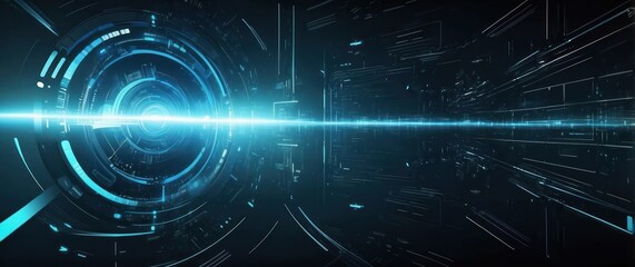 Obraz premium Futuristic digital technology concept with blue neon light and matrix patterns, perfect for sci fi themes, tech innovation, and virtual reality visuals