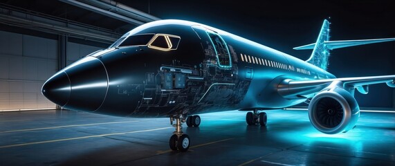 Fototapeta premium A sleek, futuristic jet airplane with glowing blue and neon lights, showcasing advanced technology and innovation, parked in a modern hangar