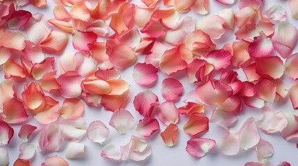 Pink and peach petals spread on a white surface