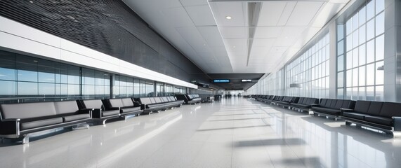 Modern airport terminal with black seats, expansive windows, and bright natural light, perfect for travel, transportation, and international departures or arrivals
