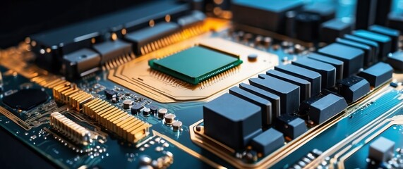 Close up view of a microchip on a circuit board, representing modern technology, innovation, and the digital transformation in computing and electronics