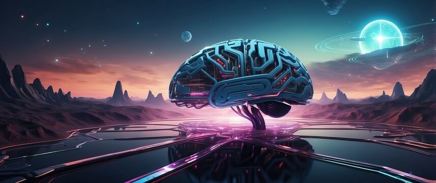 Futuristic scene featuring a cybernetic brain against an alien landscape, showcasing advanced technology and artificial intelligence concepts