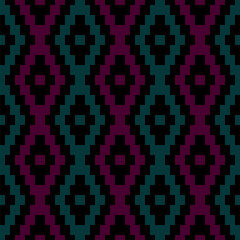 black repetitive background with aquamarine and purple geometric shapes. vector seamless pattern. fabric swatch. wrapping paper. continuous design template for home decor, apparel, textile, cloth