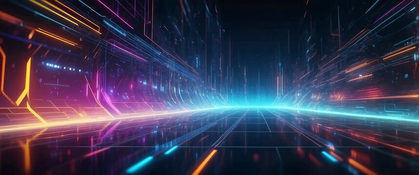 A stunning neon lit futuristic digital landscape, perfect for tech, sci fi concepts, virtual reality, and cyber themed events or promotions
