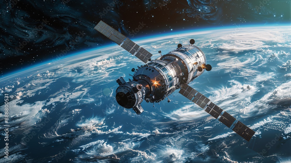 Wall mural imagery of a space station in orbit around earth, created with advanced digital technology and prese