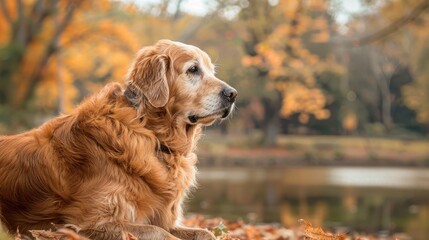 Portrait of a well behaved elderly golden retriever in the outdoors