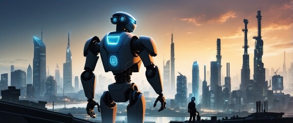 Naklejka premium A futuristic cityscape at sunset with a robot and a human figure on a rooftop, emphasizing technology, innovation, and the future of urban living