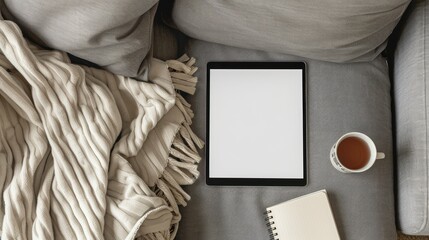 Naklejka premium Tablet pad and blank notebook on sofa top view