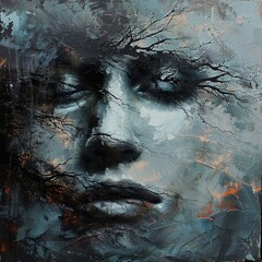  A man's face depicted with trees emerging from it, their branches extending beyond