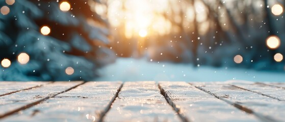 Snow blankets the floor, forest backdrop, sun shines brightly, snowflakes fall