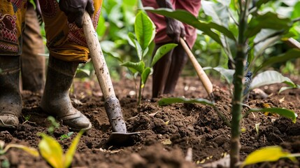 Agriculturists are utilizing shovels to excavate pits for planting mango saplings.