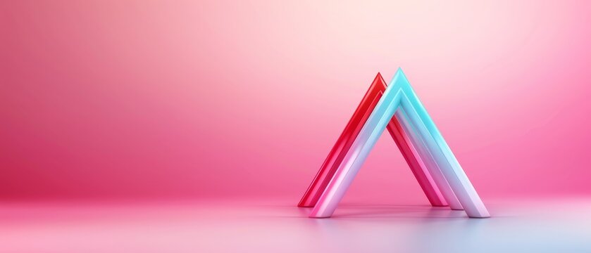  A triangular object, colored pink and blue, is centrally located in a room painted pink and blue The backdrop features a pink wall