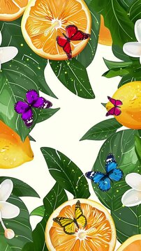 yellow citrus fruit vertical frame lemon leaves and flowers seamless looping overlay 4k virtual video animation background