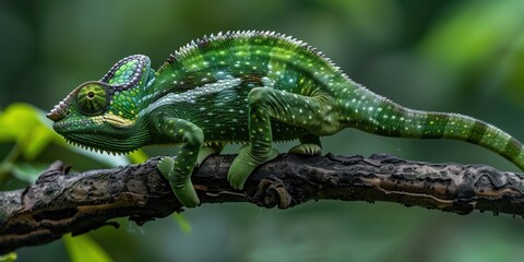 A green chameleon lizard blending in with the background