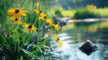 Yellow flowers by pond on sunny day Close up with copy space