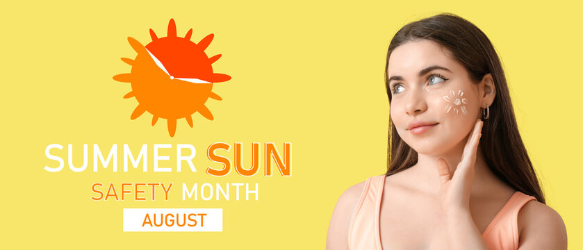 Young woman with sun made of sunscreen cream on yellow background, closeup - Powered by Adobe