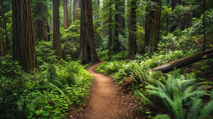 Nature trail winding through a grove of sequoia trees in the state of California.
