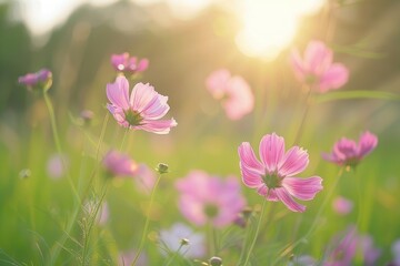 Colorful cosmos flowers blooming in a sunlit field, Cosmos flowers swaying in a meadow, AI generated