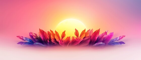 Obraz premium A vibrant backdrop with feathers in the foreground and a radiant sun at image center