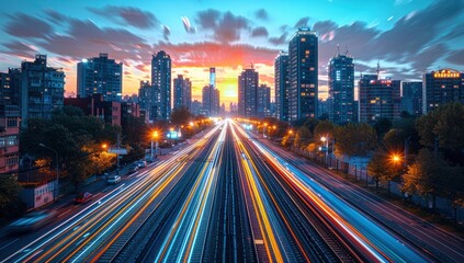 Obraz premium Cityscape at Twilight with Light Trails