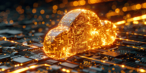 Creative glowing cloud hologram on blurry dark backdrop. Cloud computing, big data backup concept. 3D Rendering.
