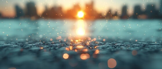  A crisp image of the sun setting over a tranquil body of water, with a distinct cityscape softly visible in the background