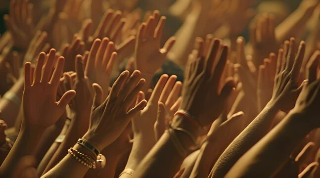 crowd people with hands up at concert