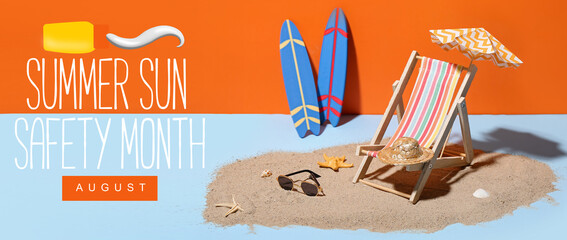 Creative summer composition with mini umbrella, deckchair and beach accessories on color background