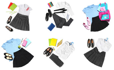 Set of school uniform on white background, top view