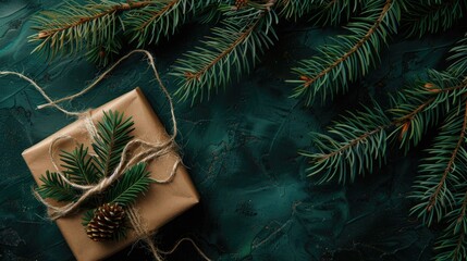 Top view gift under tree with space for copy