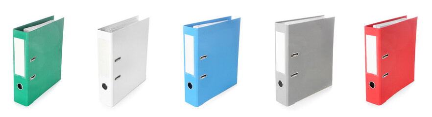 Collage of office folders on white background