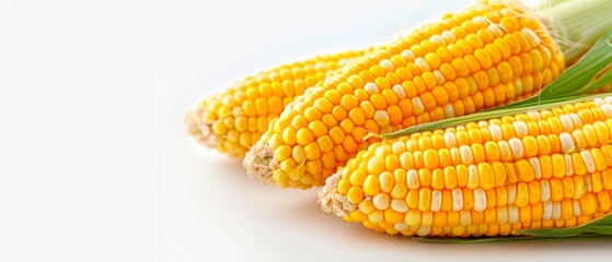 Fototapeta premium Close-up of corn on cob against white backdrop, green stalk in front