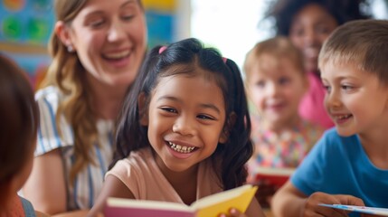 Fototapeta na wymiar Enthusiastic young reader in a classroom, holding a book with a smile, other children interact in the background, the engaging and stimulating environment of early education. Cute little black girl
