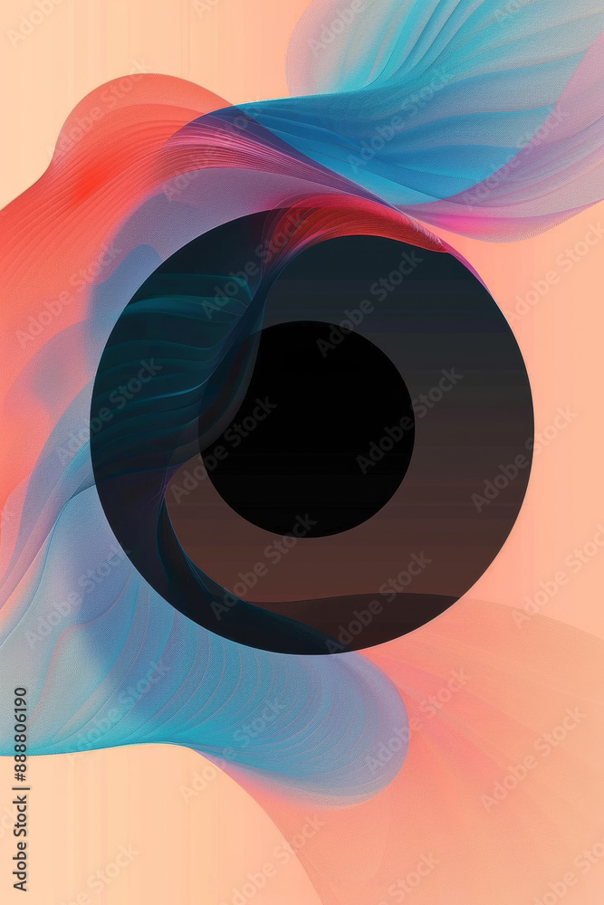 Wall mural an abstract image featuring a central black circle surrounded by vibrant, swirling colors in blues, 