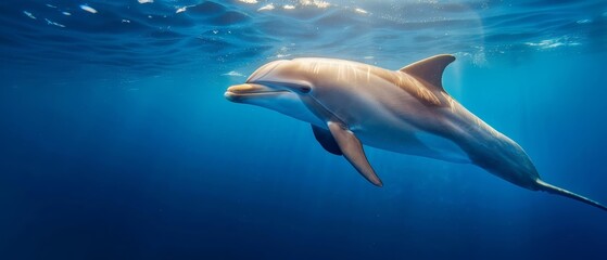  A close-up of a dolphin swimming in sunlit water, sunlight reflecting on the water's surface