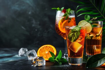 Drink menu inspiration: Vibrant cocktail creations on a dark slightly fuzzy background