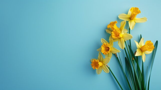 Yellow daffodils bouquet on blue background with text space