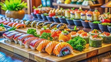 Fototapeta premium Vibrant culinary scene featuring artfully arranged sushi, maki rolls, and Japanese delicacies on a bustling kitchen counter.