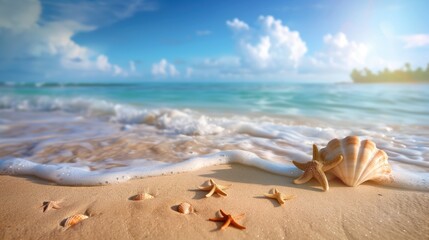 Tropical paradise beach scene with seashell and starfish on golden sand wide angle view
