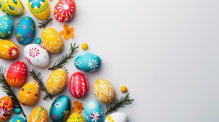 Vibrant Easter eggs on white background with space for text