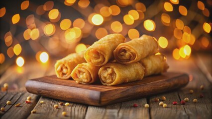 Obraz premium Golden crispy sweet egg rolls arranged artfully on a rustic wooden platter against a blurred bokeh background of warm lighting.