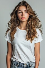 Fototapeta premium White tshirt mockup on woman model created with Generative AI