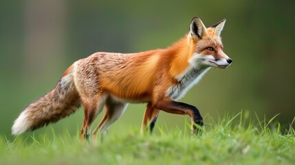 Obraz premium Slim red fox strolling on grass