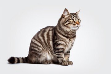 Obraz premium striped tabby cat sits gracefully against a plain white background, showcasing its beautiful fur pattern and calm demeanor